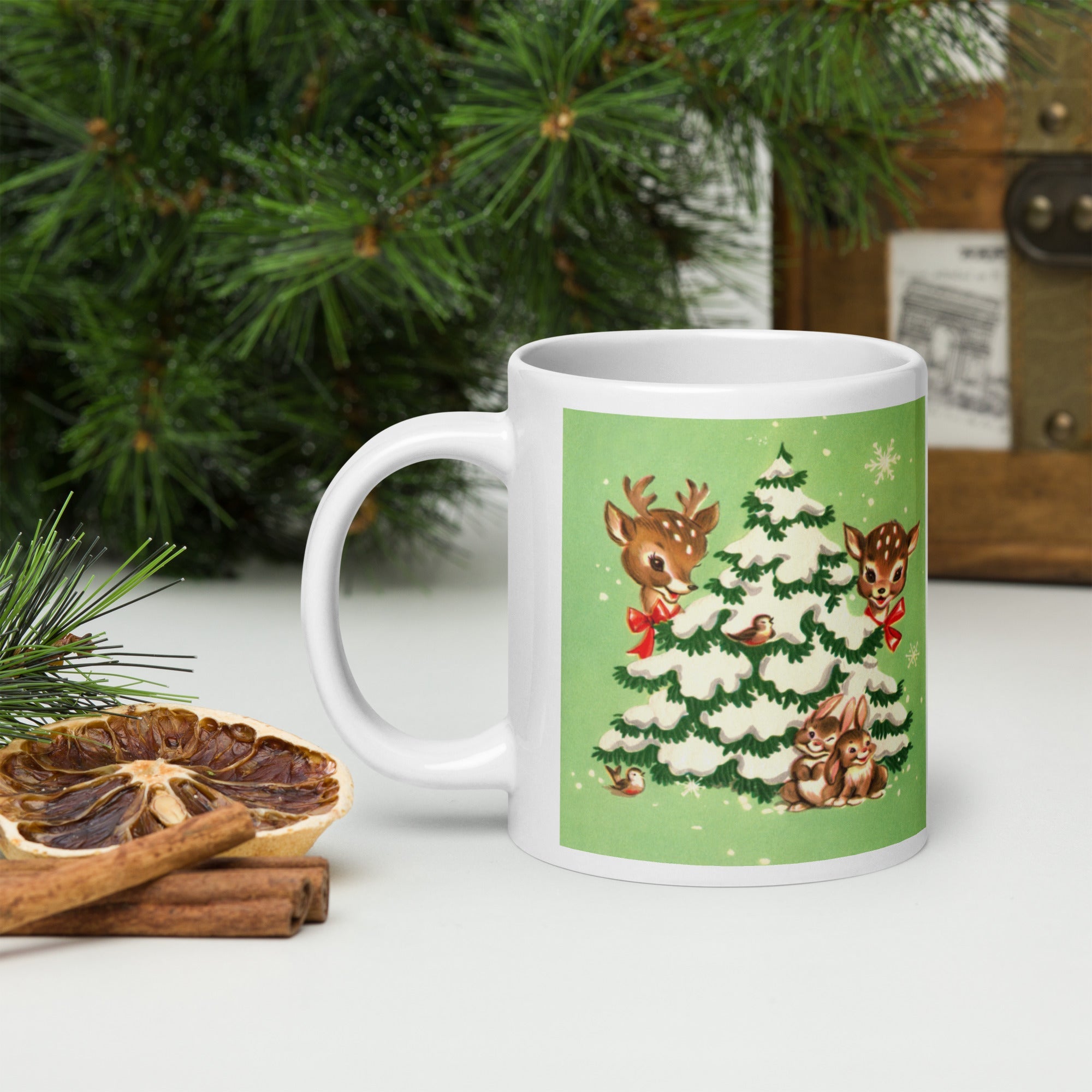 Reindeer In Snowy Tree With Bunnies And Birds Green Mid Century Retro Christmas Print Glossy Mug