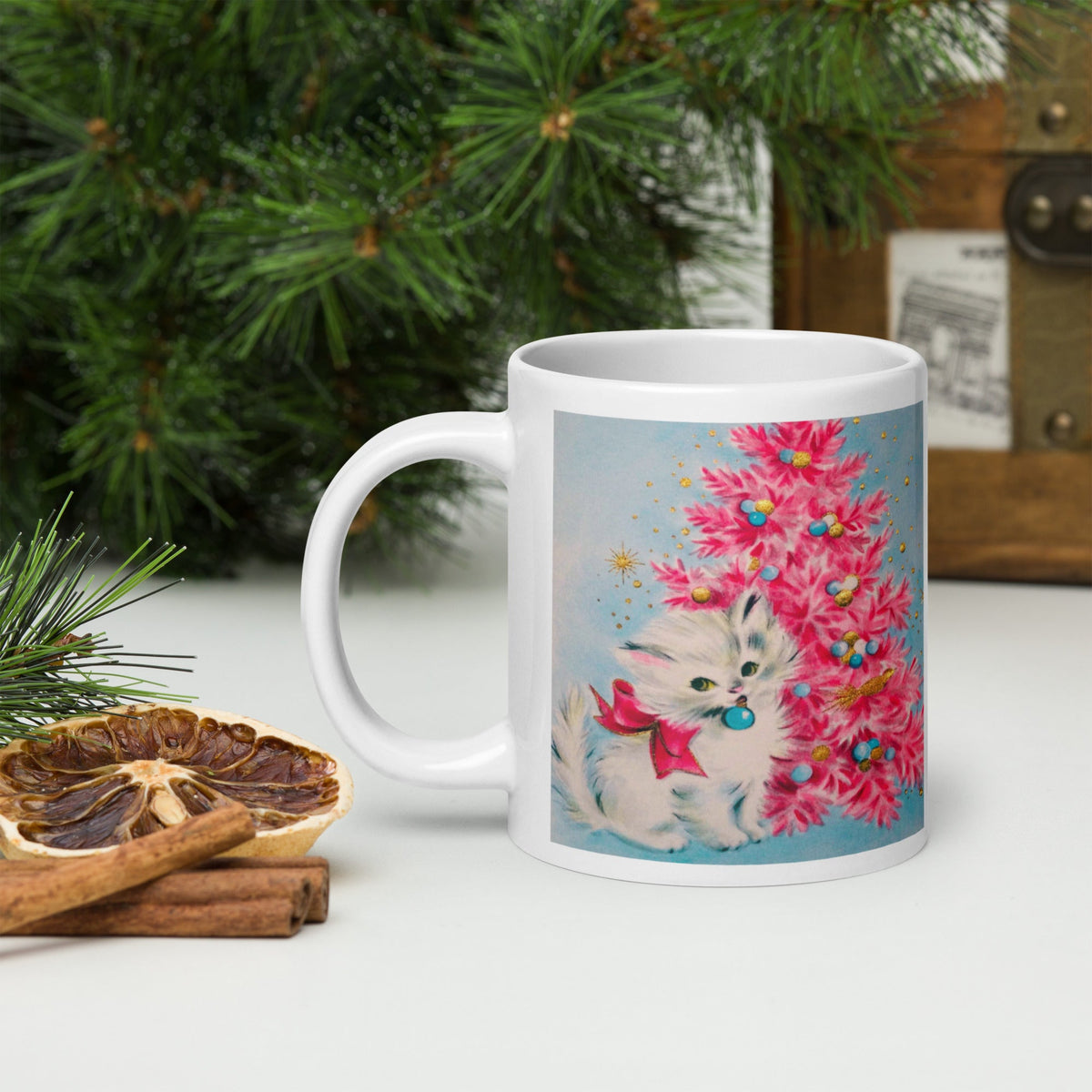 Christmas Kitten Pink Christmas Tree Mid Century Retro Christmas Print Glossy Mug
