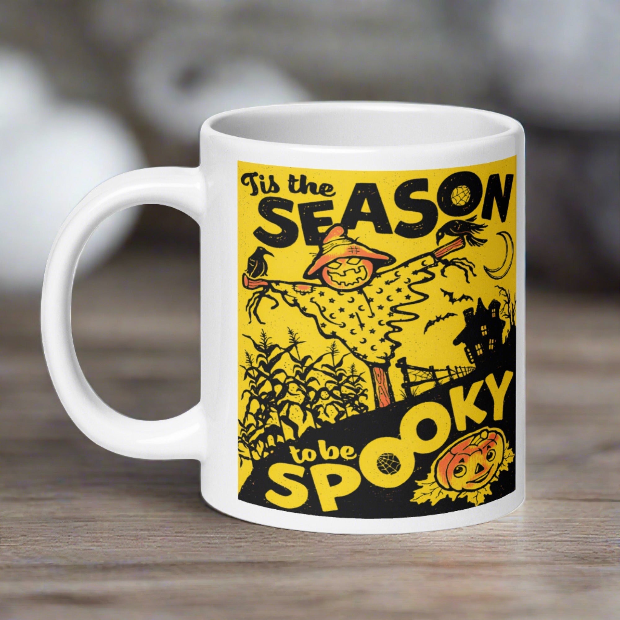 Tis The Season To Be Spooky Scarecrow Jack O'Lantern Retro Halloween Print Glossy Coffee Mug