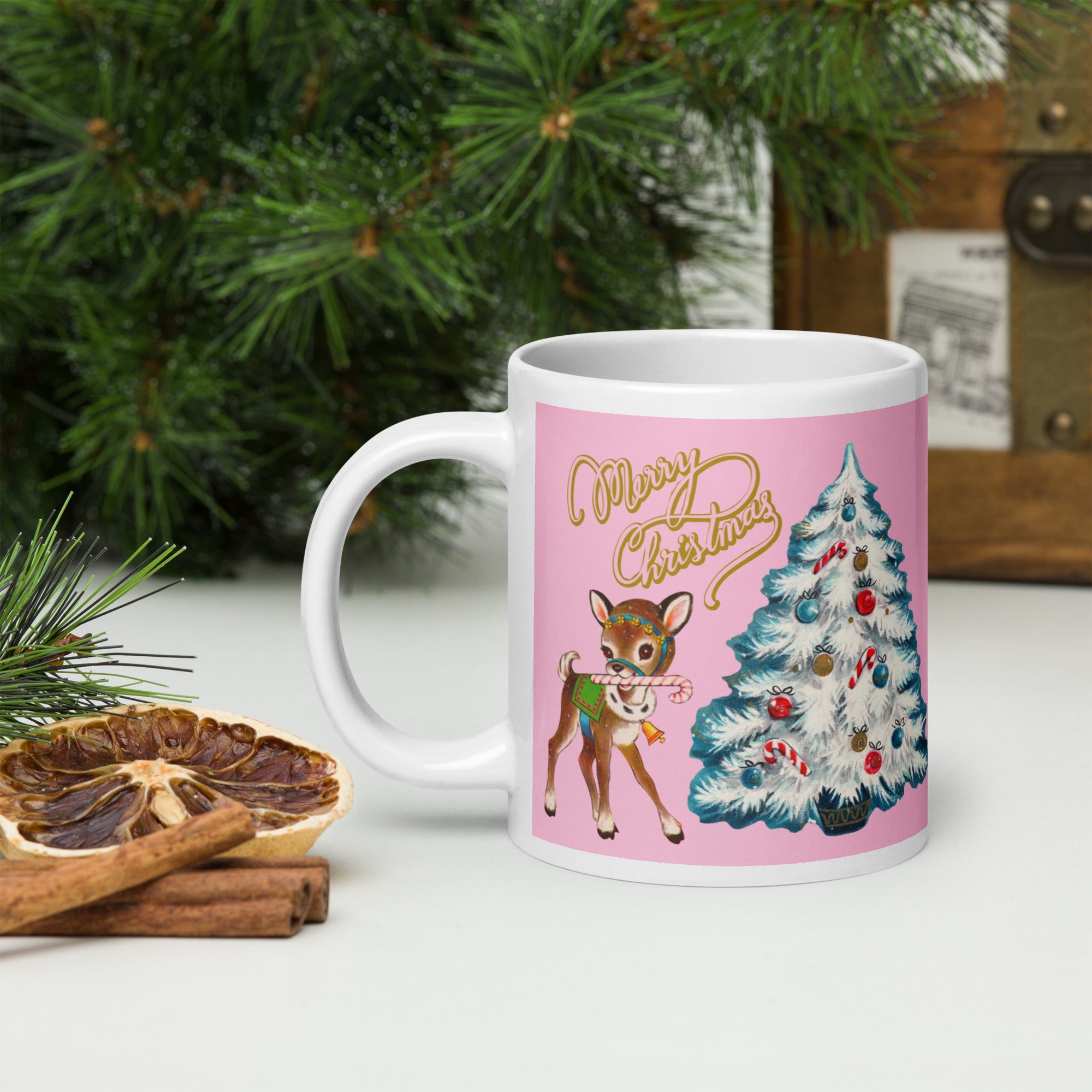 Merry Christmas Reindeer Mug White Teal Tree Pink Mid Century Retro Glossy Coffee Mug