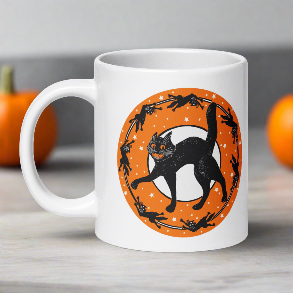 Black Cats Full Moon Retro Vintage Halloween Glossy Coffee Mug