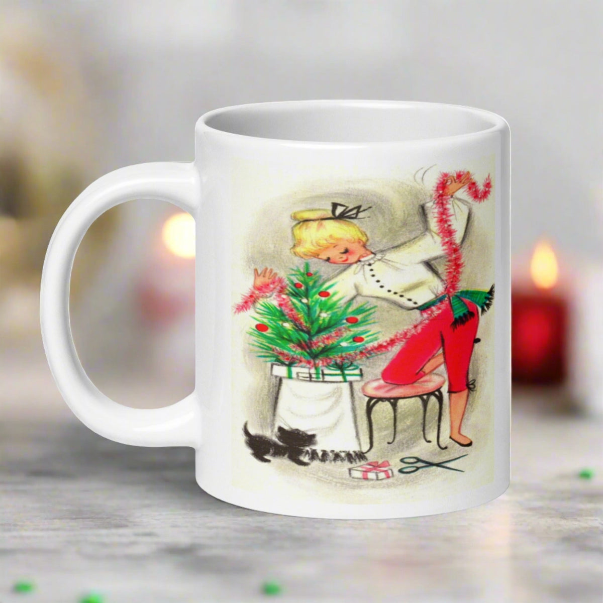 Christmas Lady And Dog Decorating Tree Retro Christmas Glossy Coffee Mug