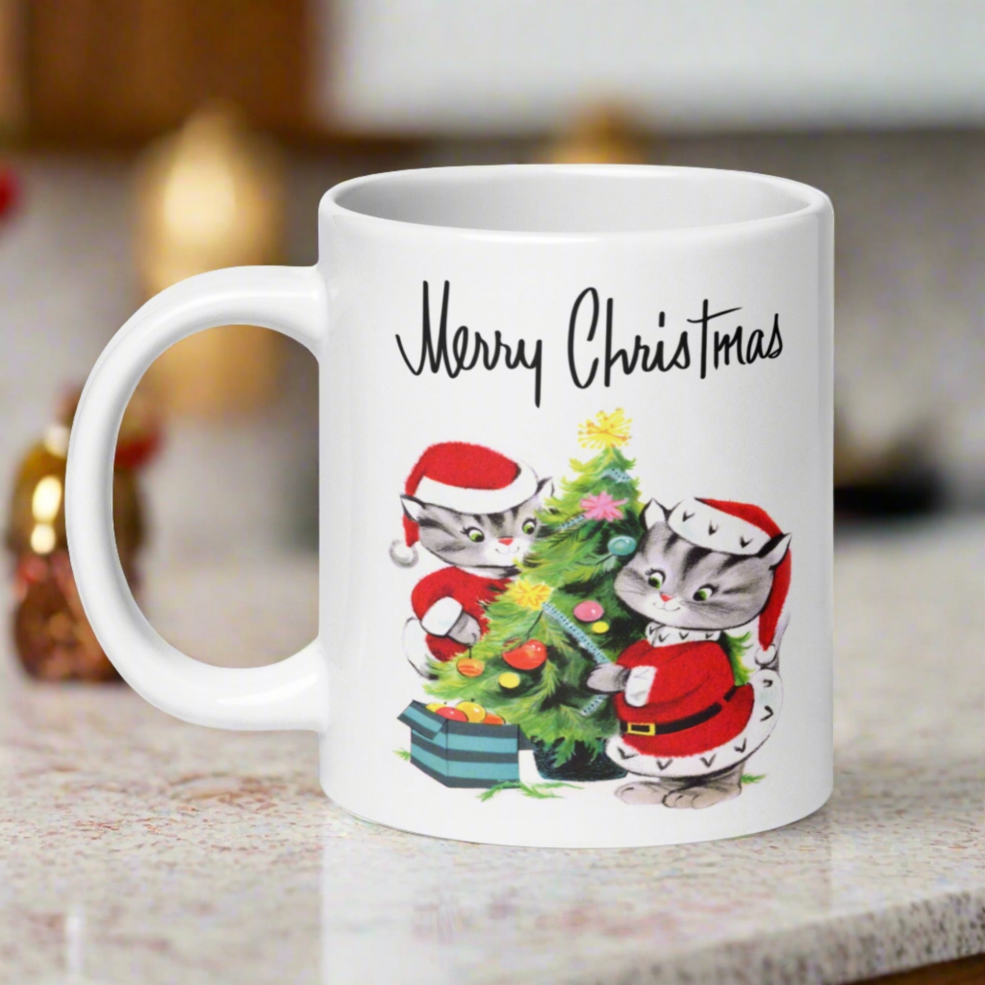 Merry Christmas Santa Christmas Cats Decorating Tree Mid Century Retro Christmas Print Glossy Mug