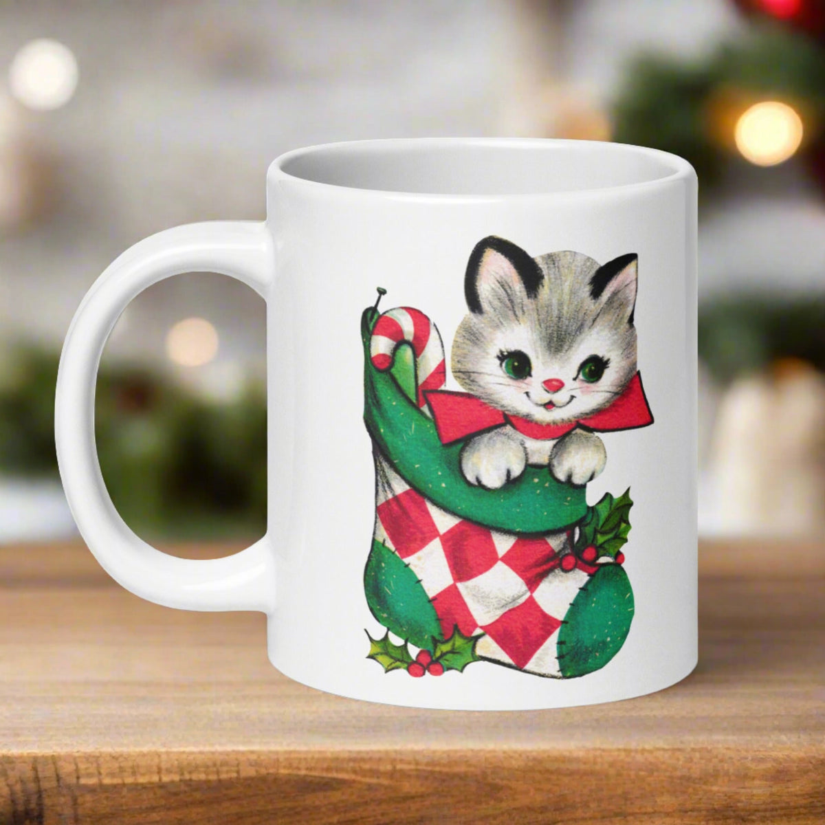 Christmas Kitten In Stocking Midcentury Retro Christmas Glossy Coffee Mug