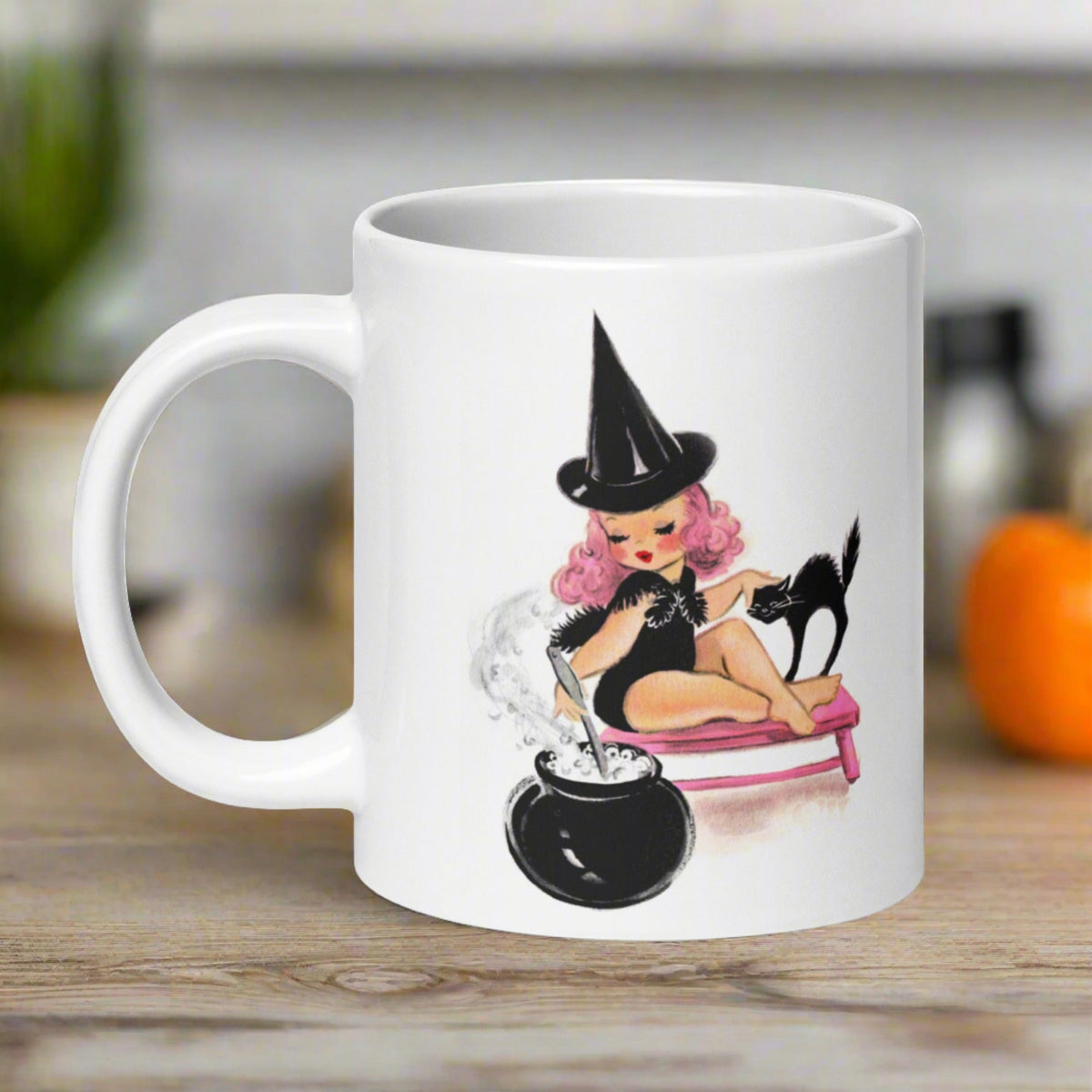 Pink Witch With Black Cat And Caulderon Halloween Retro Print Glossy Mug