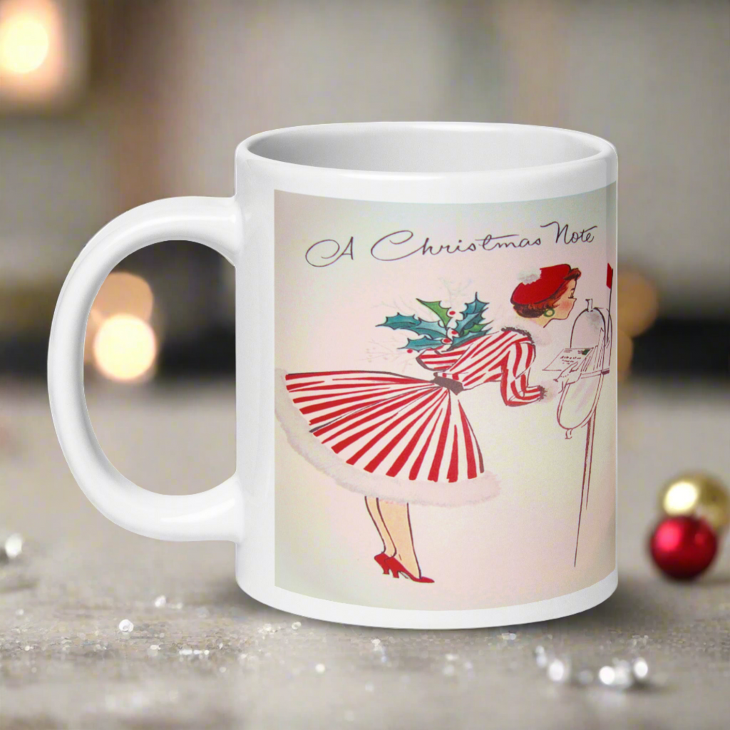 Christmas Lady At Mailbox Retro Housewife Glossy Ceramic Coffee Mug