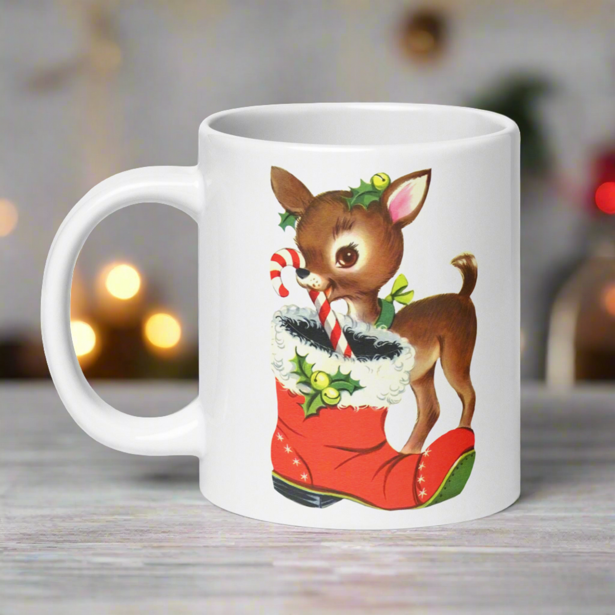 Reindeer With Candy Cane Santa's Boot Retro Christmas Glossy Coffee Mug