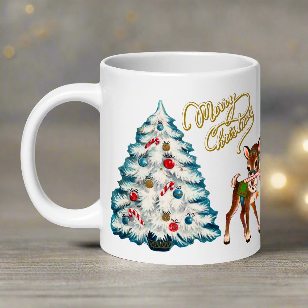 Merry Christmas Reindeer Tree Mid Century Retro Christmas Print Glossy Mug