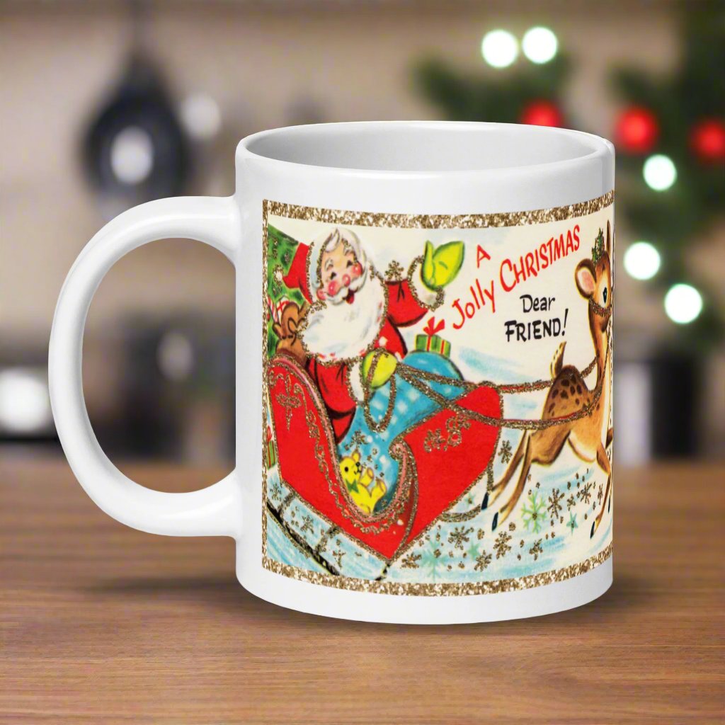 A Jolly Christmas Dear Friend Santa Reindeer Retro Christmas Glossy Mug