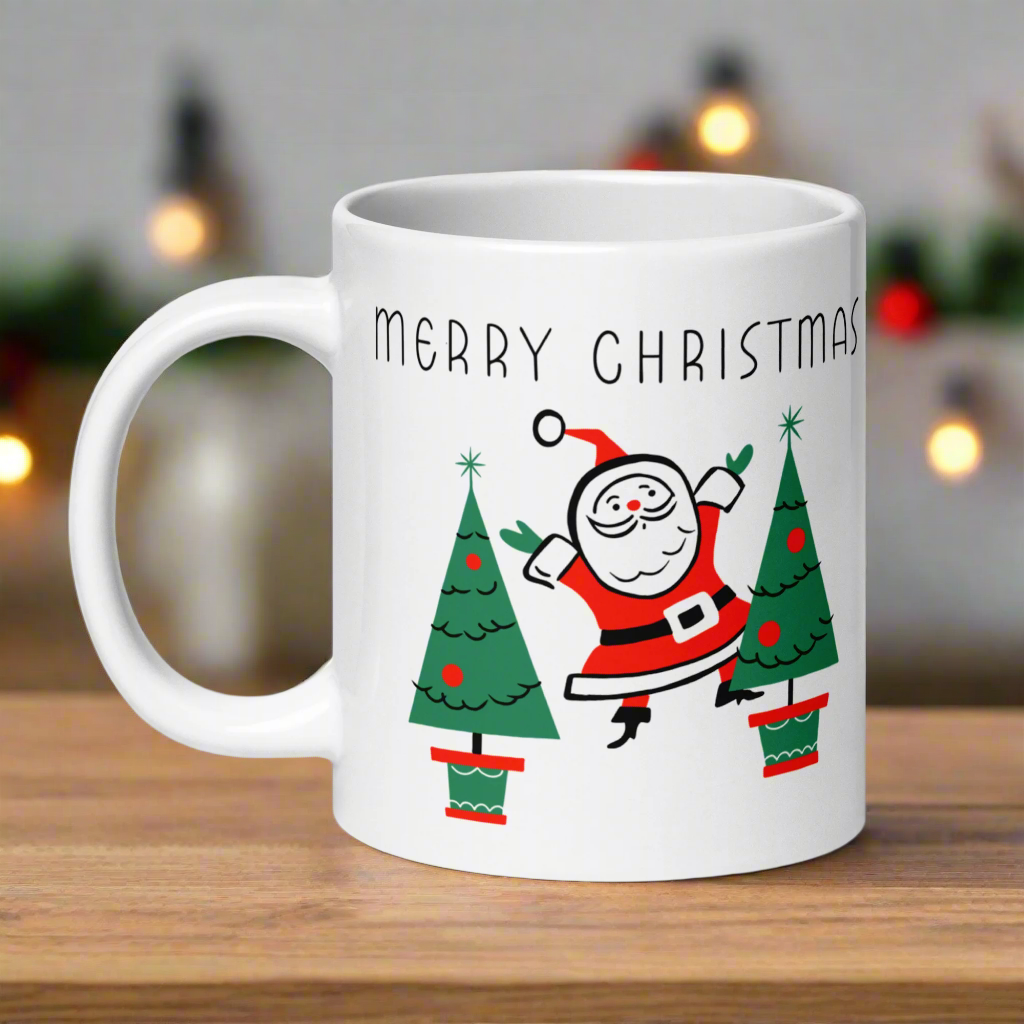 Merry Christmas Santa Trees Midcentury Glossy Coffee Mug