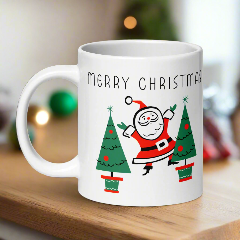 Merry Christmas Santa Trees Midcentury Glossy Coffee Mug