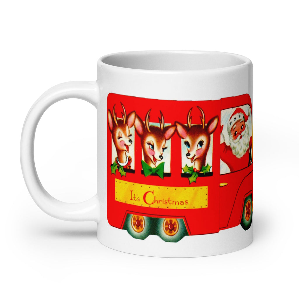 It’s Christmas Santa Reindeer Bus Mid Century Retro Christmas Print Glossy Mug