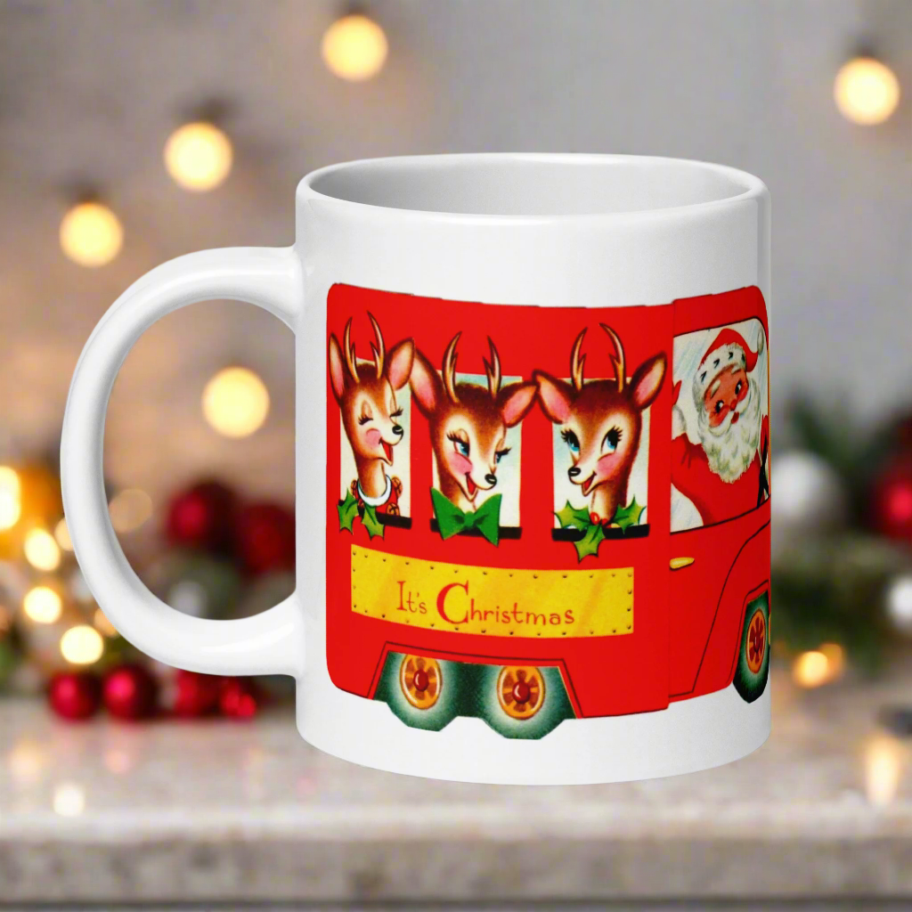 It’s Christmas Santa Reindeer Bus Mid Century Retro Christmas Print Glossy Mug