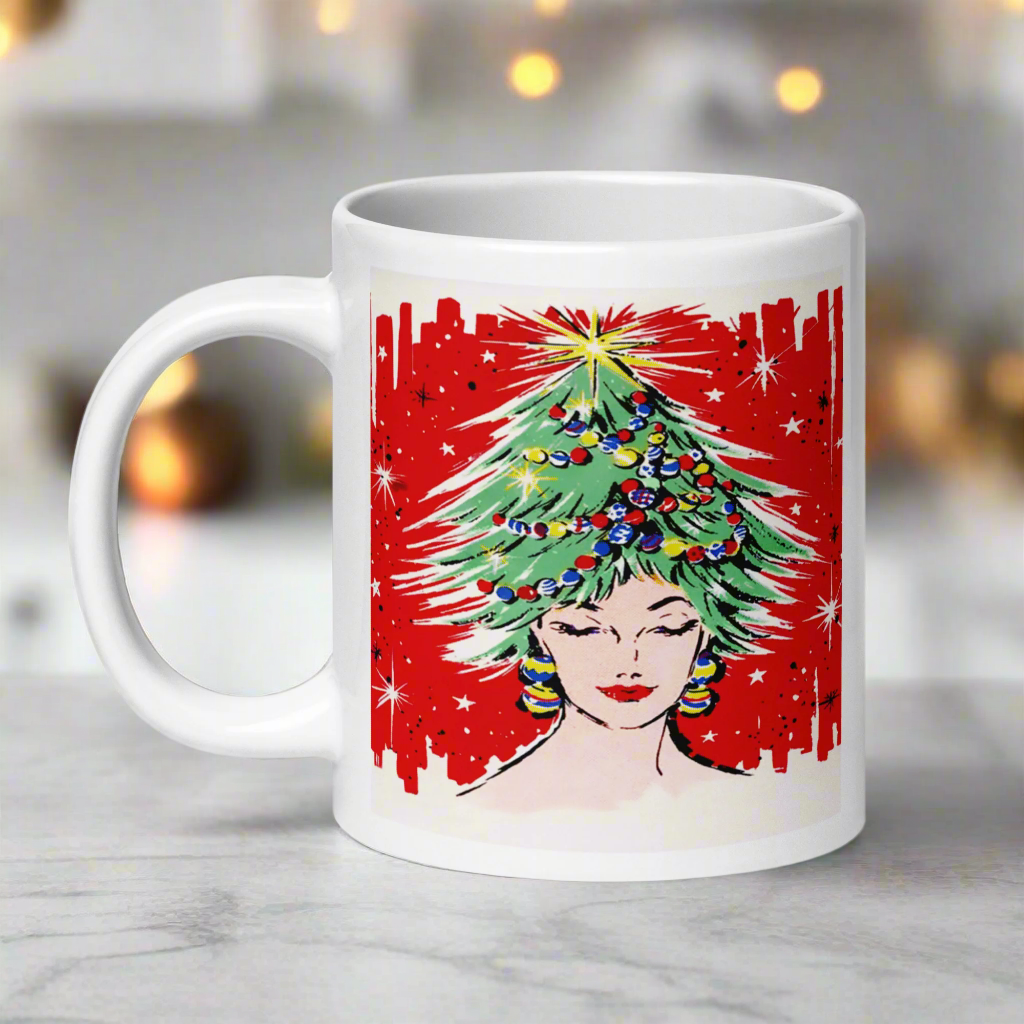 Christmas Tree Hat Lady Midcentury Retro Glossy Coffee Mug