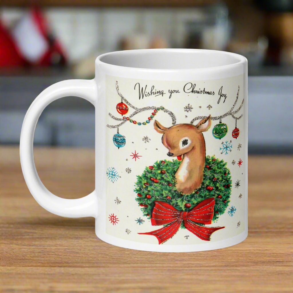 Wishing You Christmas Joy Reindeer With Ornaments Midcentury Retro Christmas Glossy Coffee Mug