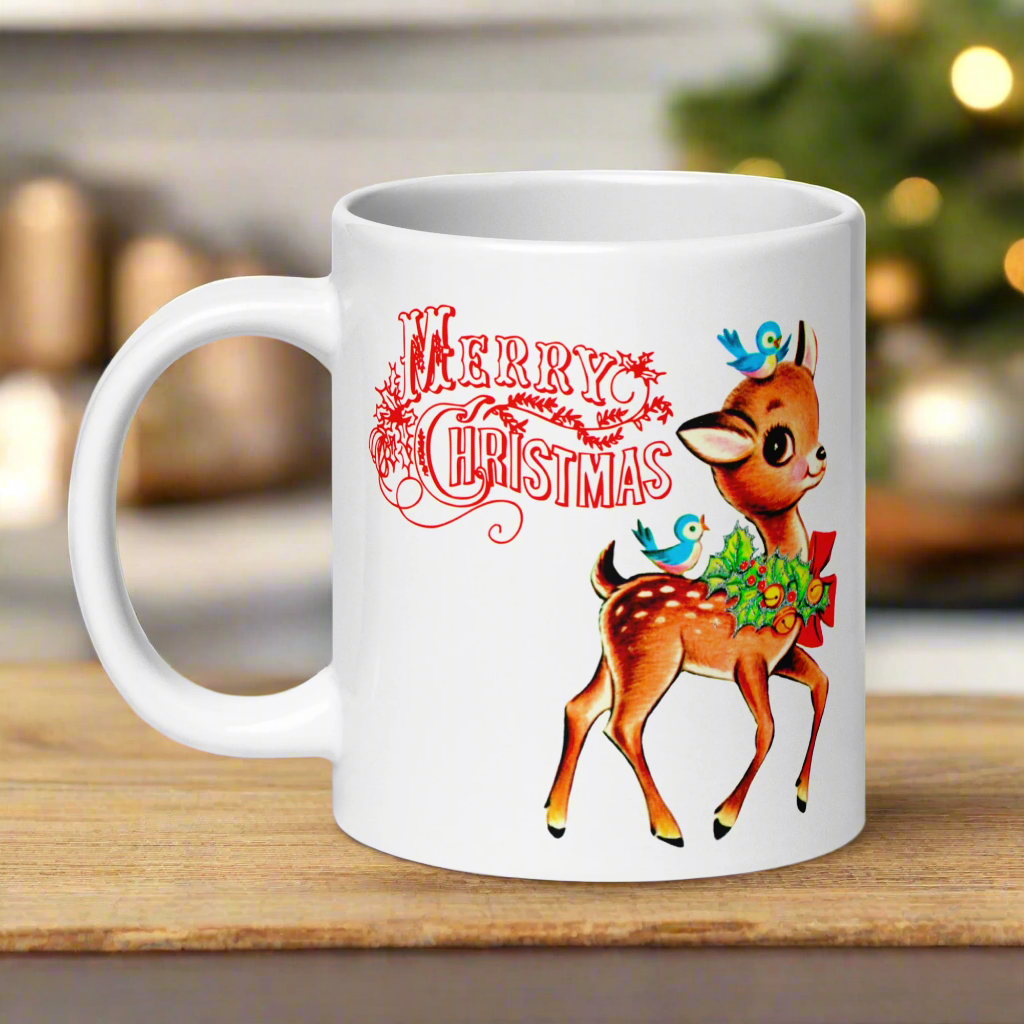 Merry Christmas Reindeer Bluebirds Midcentury Retro Coffee Mug