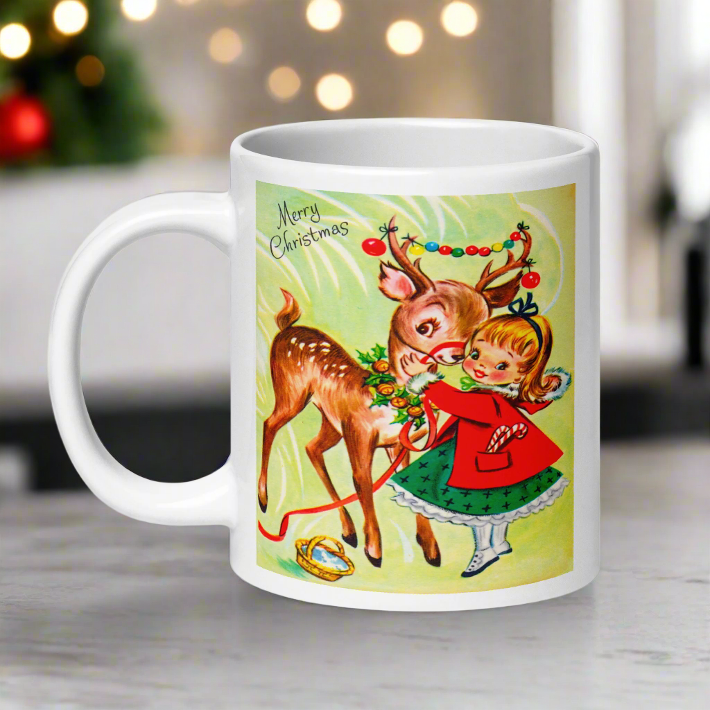 Girl With Reindeer Midcentury Retro Christmas Glossy Coffee Mug