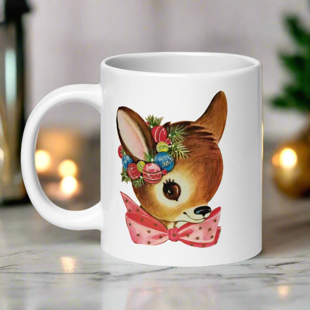 Reindeer Pink Bow Midcentury Retro Christmas Glossy Coffee Mug