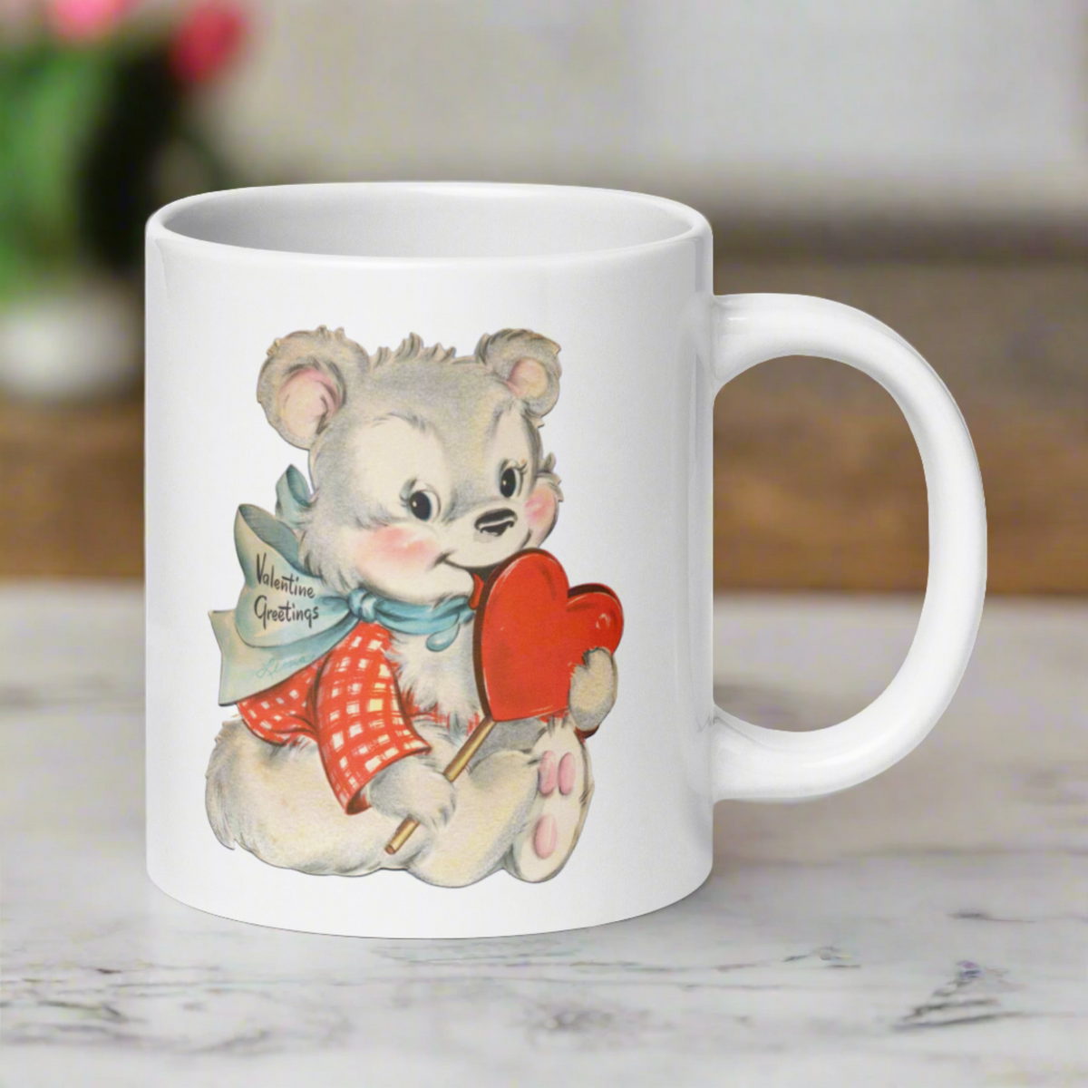 Valentine's Greetings Cute White Bear Heart Retro Midcentury Coffee Mug