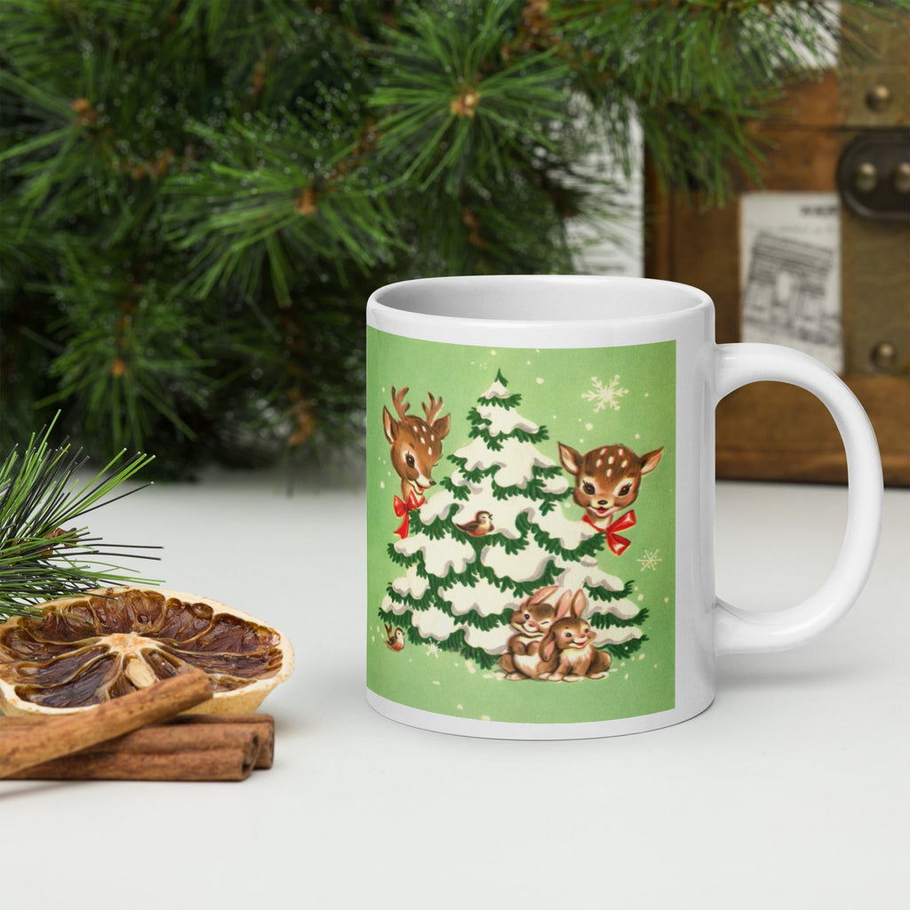 Reindeer In Snowy Tree With Bunnies And Birds Green Mid Century Retro Christmas Print Glossy Mug