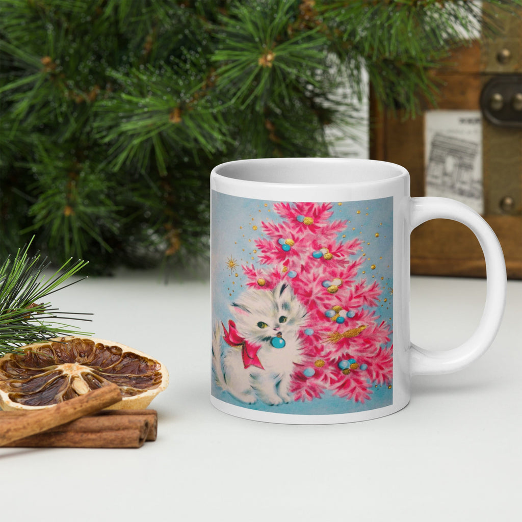 Christmas Kitten Pink Christmas Tree Mid Century Retro Christmas Print Glossy Mug