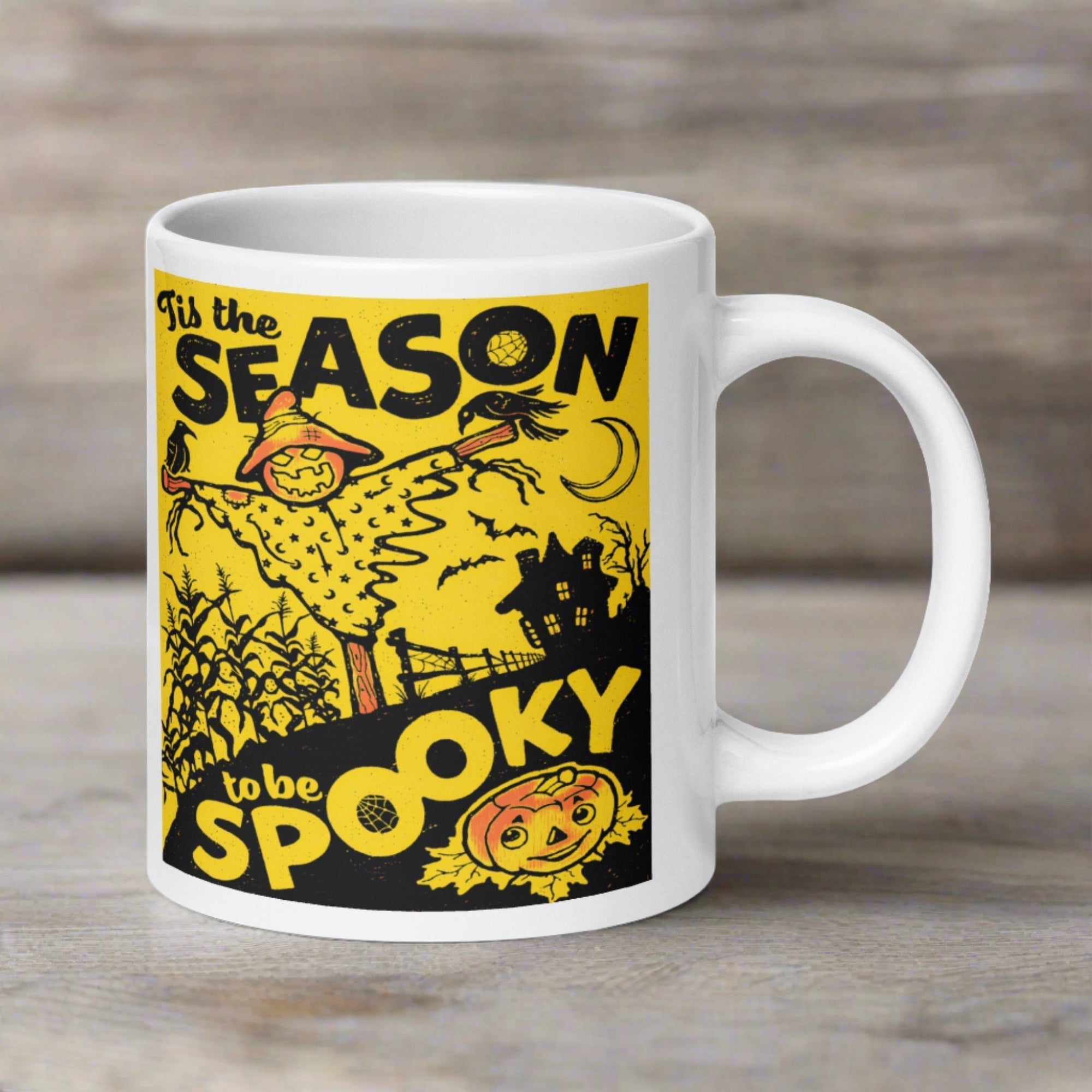 Tis The Season To Be Spooky Scarecrow Jack O'Lantern Retro Halloween Print Glossy Coffee Mug