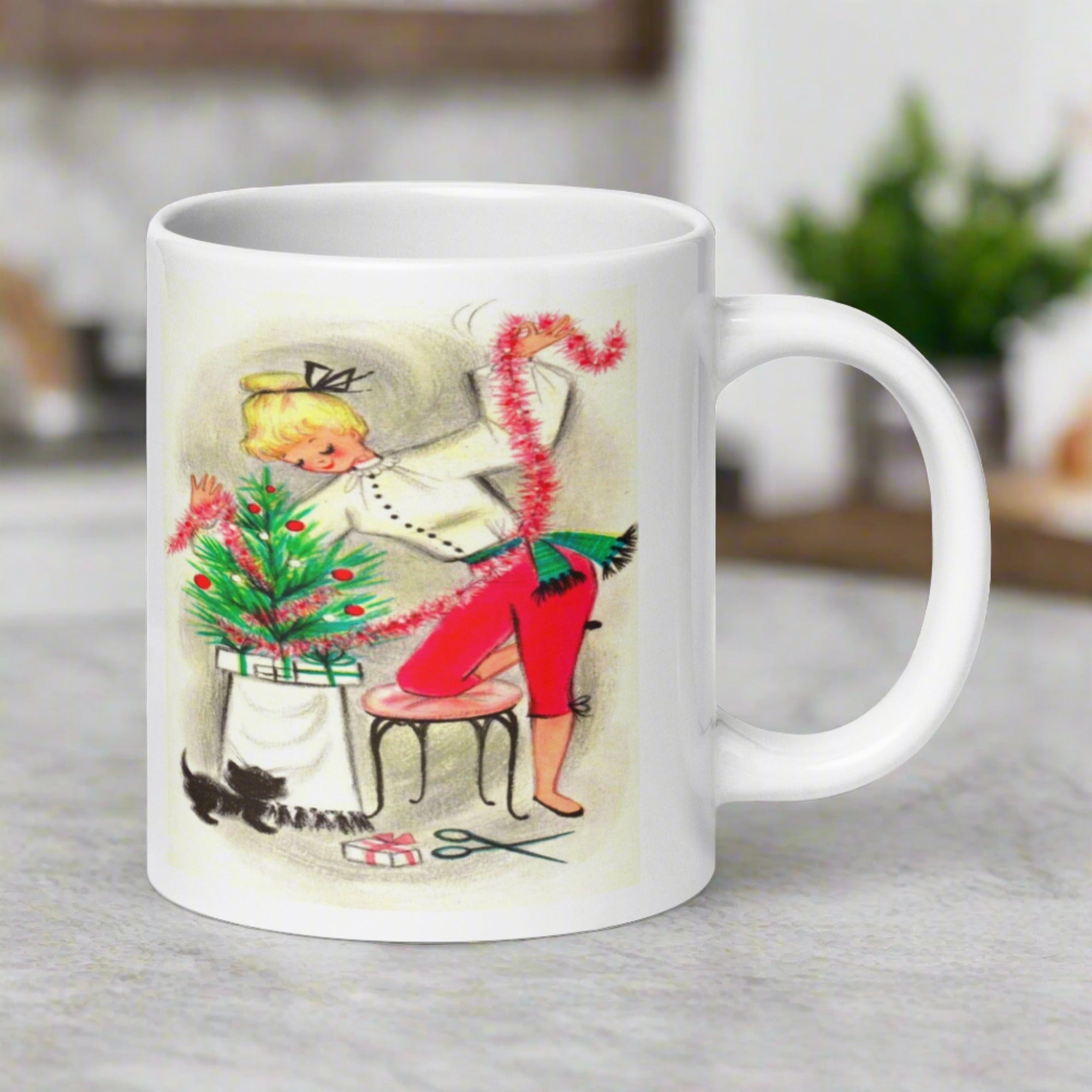 Christmas Lady And Dog Decorating Tree Retro Christmas Glossy Coffee Mug