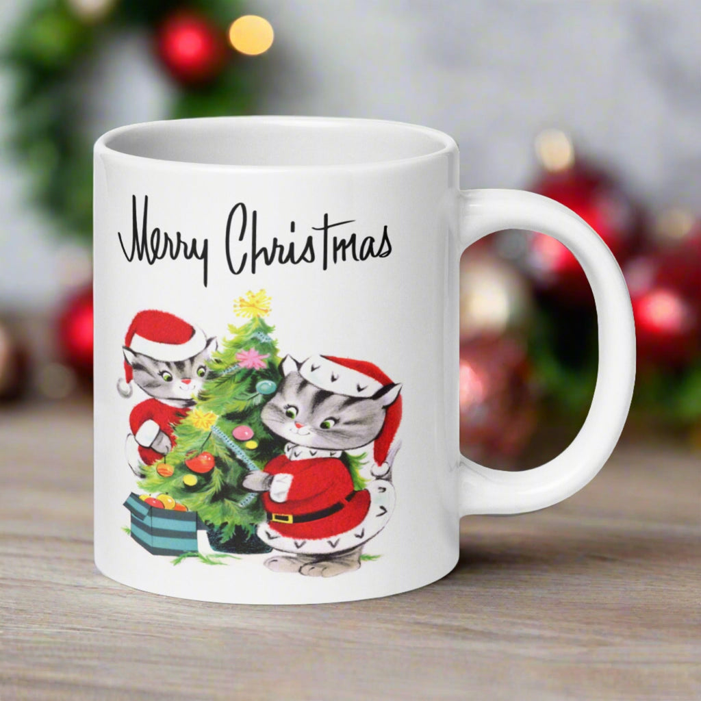 Merry Christmas Santa Christmas Cats Decorating Tree Mid Century Retro Christmas Print Glossy Mug