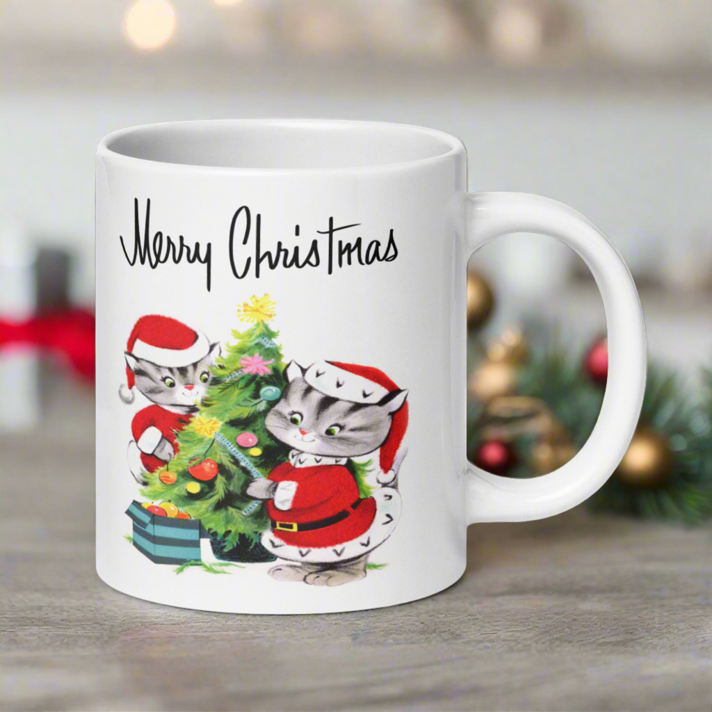 Merry Christmas Santa Christmas Cats Decorating Tree Mid Century Retro Christmas Print Glossy Mug