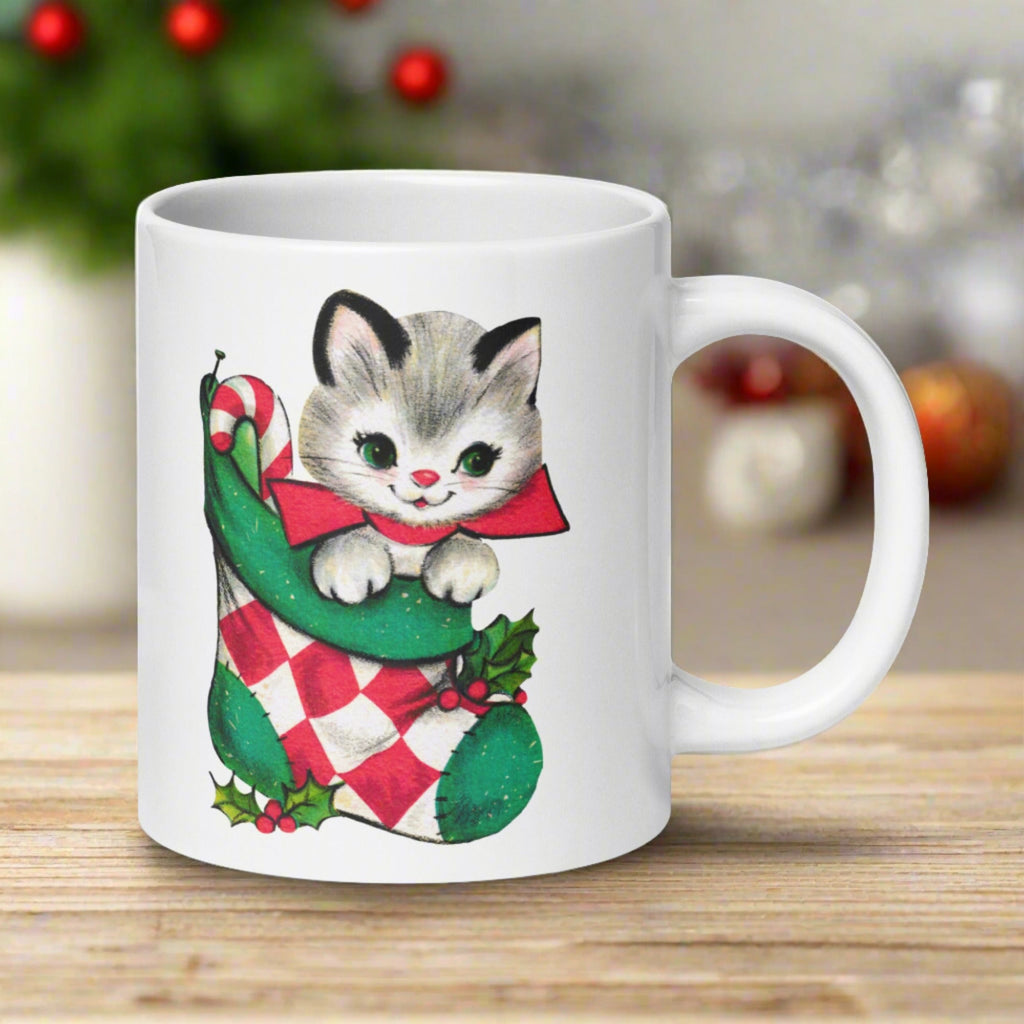 Christmas Kitten In Stocking Midcentury Retro Christmas Glossy Coffee Mug