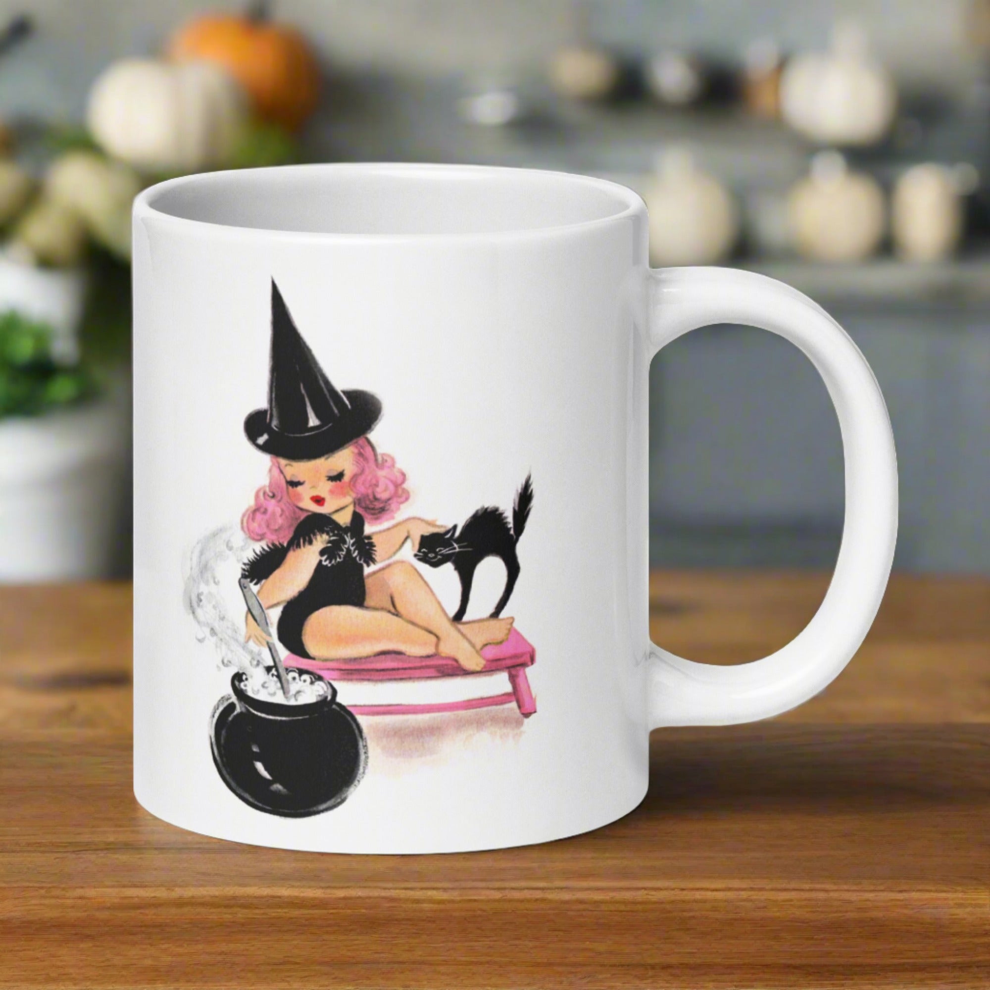 Pink Witch With Black Cat And Caulderon Halloween Retro Print Glossy Mug