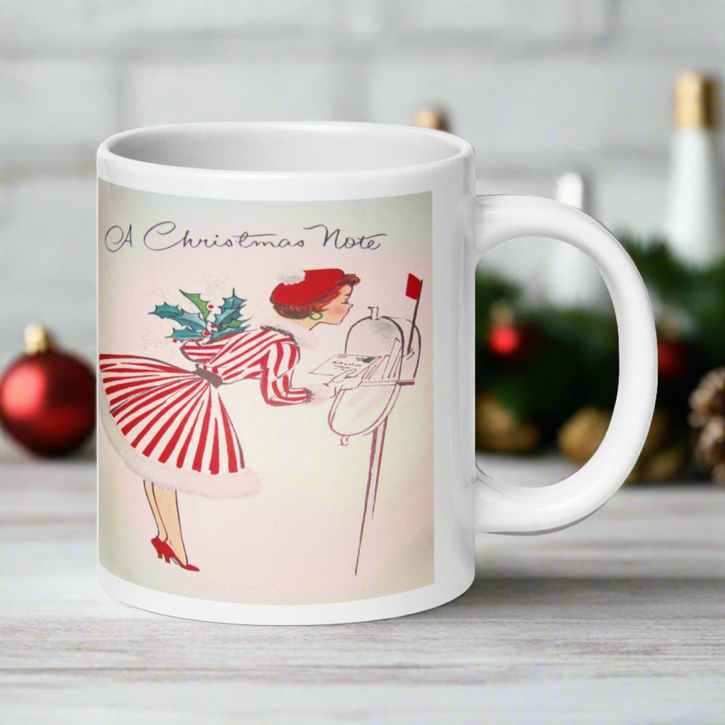 Christmas Lady At Mailbox Retro Housewife Glossy Ceramic Coffee Mug