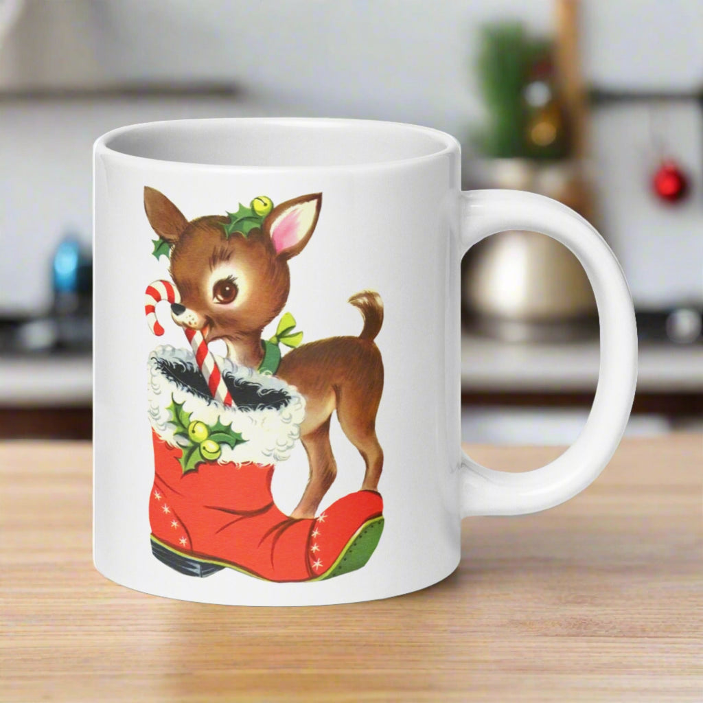 Reindeer With Candy Cane Santa's Boot Retro Christmas Glossy Coffee Mug