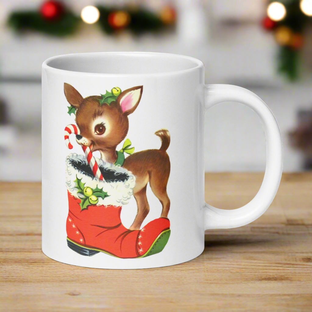 Reindeer With Candy Cane Santa's Boot Retro Christmas Glossy Coffee Mug