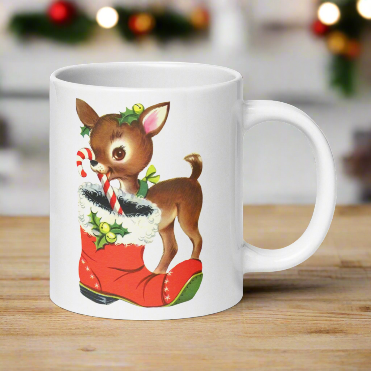 Reindeer With Candy Cane Santa's Boot Retro Christmas Glossy Coffee Mug