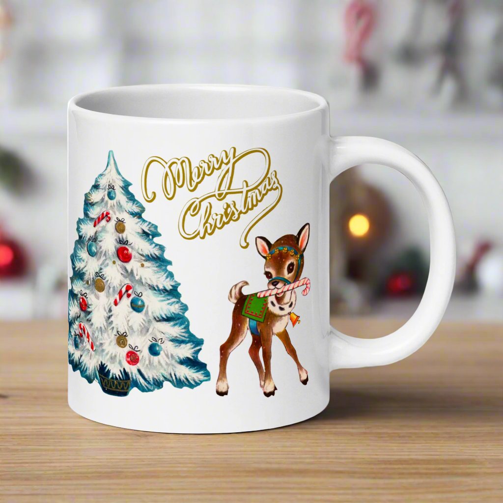 Merry Christmas Reindeer Tree Mid Century Retro Christmas Print Glossy Mug