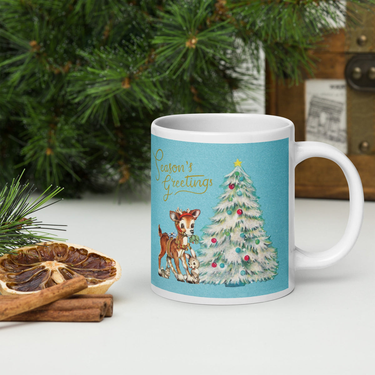 Seasons Greetings Reindeer Bunnies Retro Christmas Mug