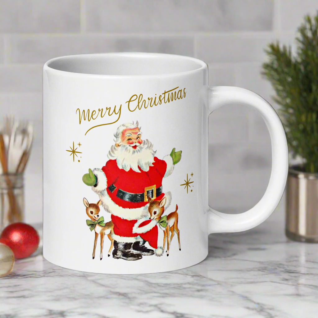 Merry Christmas Santa With Reindeer Gold Stars Merry Christmas Glossy Coffee Mug