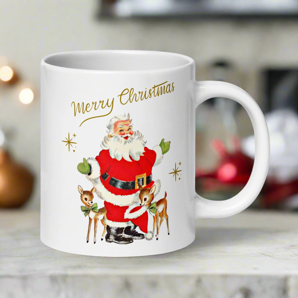 Merry Christmas Santa With Reindeer Gold Stars Merry Christmas Glossy Coffee Mug
