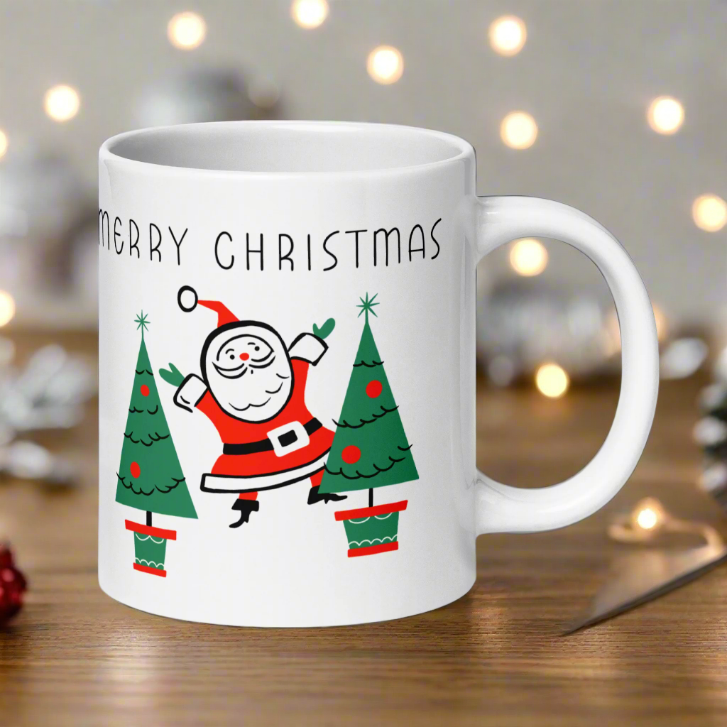 Merry Christmas Santa Trees Midcentury Glossy Coffee Mug