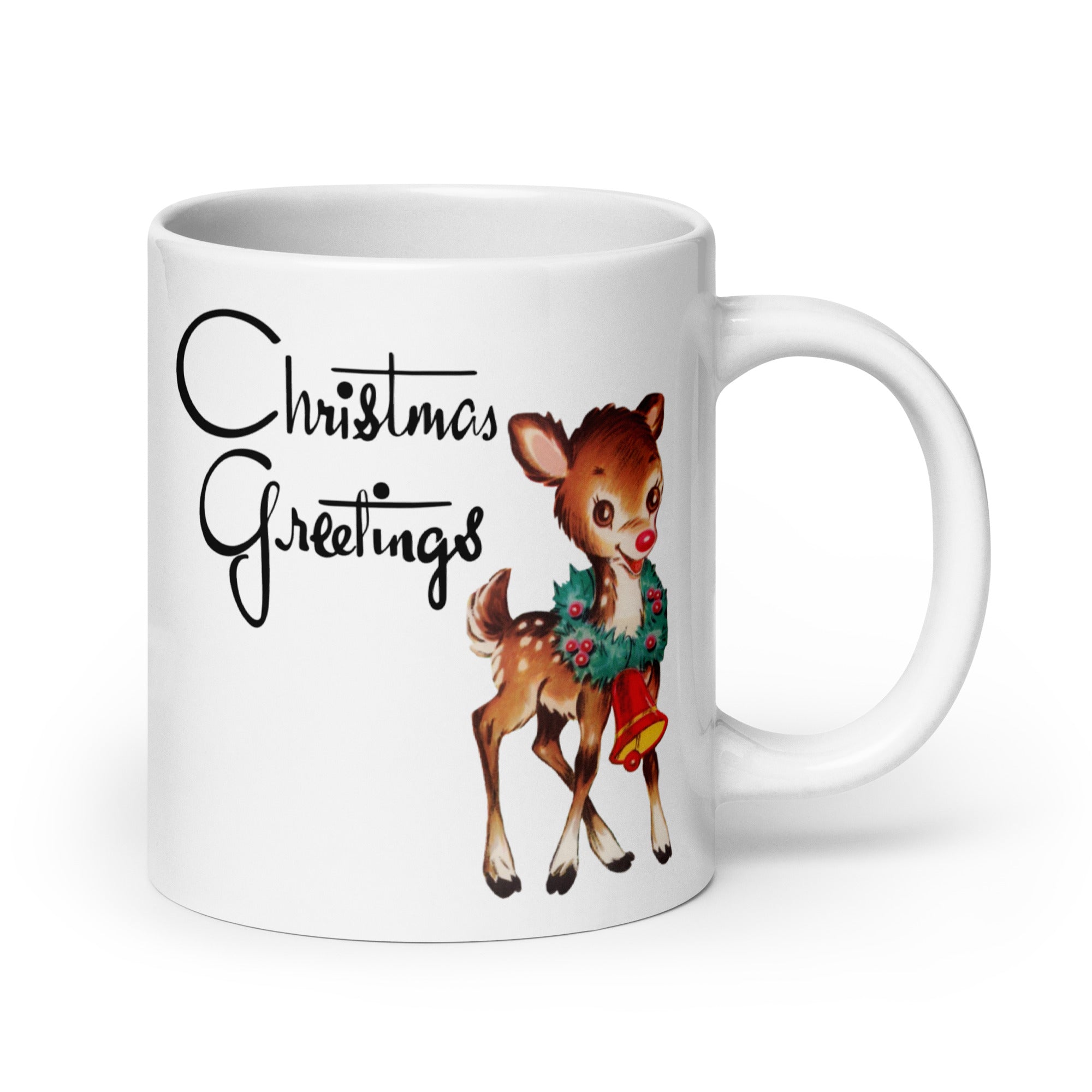 Christmas Greetings Reindeer Mid Century Retro Christmas Print Glossy Mug