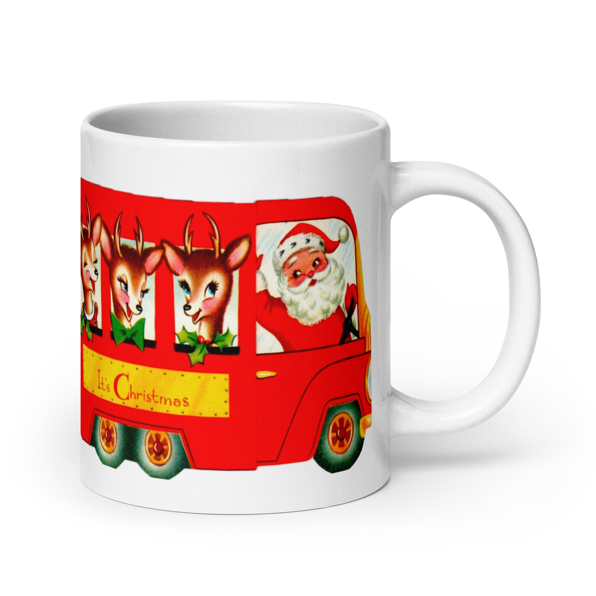 It’s Christmas Santa Reindeer Bus Mid Century Retro Christmas Print Glossy Mug