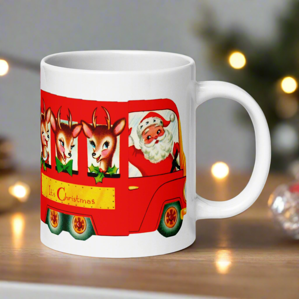 It’s Christmas Santa Reindeer Bus Mid Century Retro Christmas Print Glossy Mug