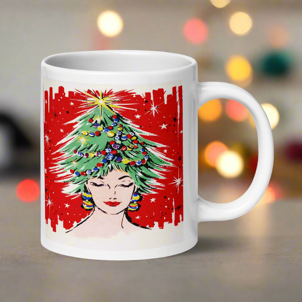 Christmas Tree Hat Lady Midcentury Retro Glossy Coffee Mug