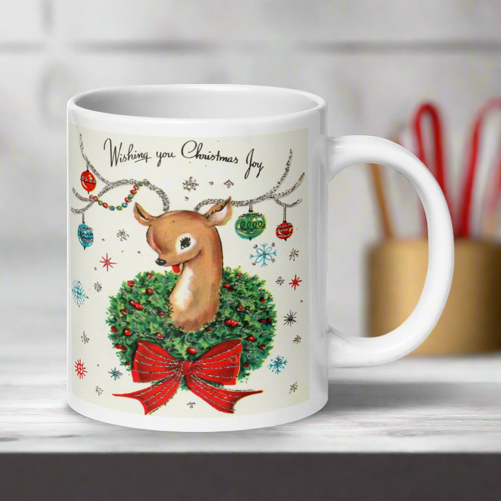 Wishing You Christmas Joy Reindeer With Ornaments Midcentury Retro Christmas Glossy Coffee Mug