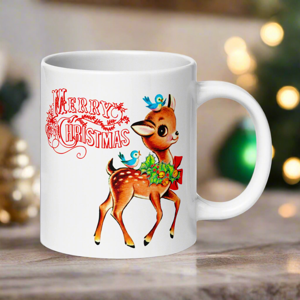 Merry Christmas Reindeer Bluebirds Midcentury Retro Coffee Mug