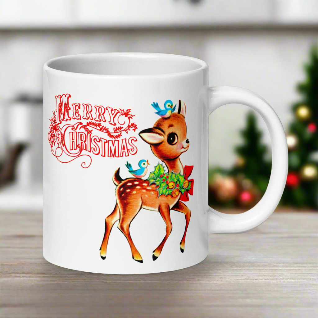 Merry Christmas Reindeer Bluebirds Midcentury Retro Coffee Mug
