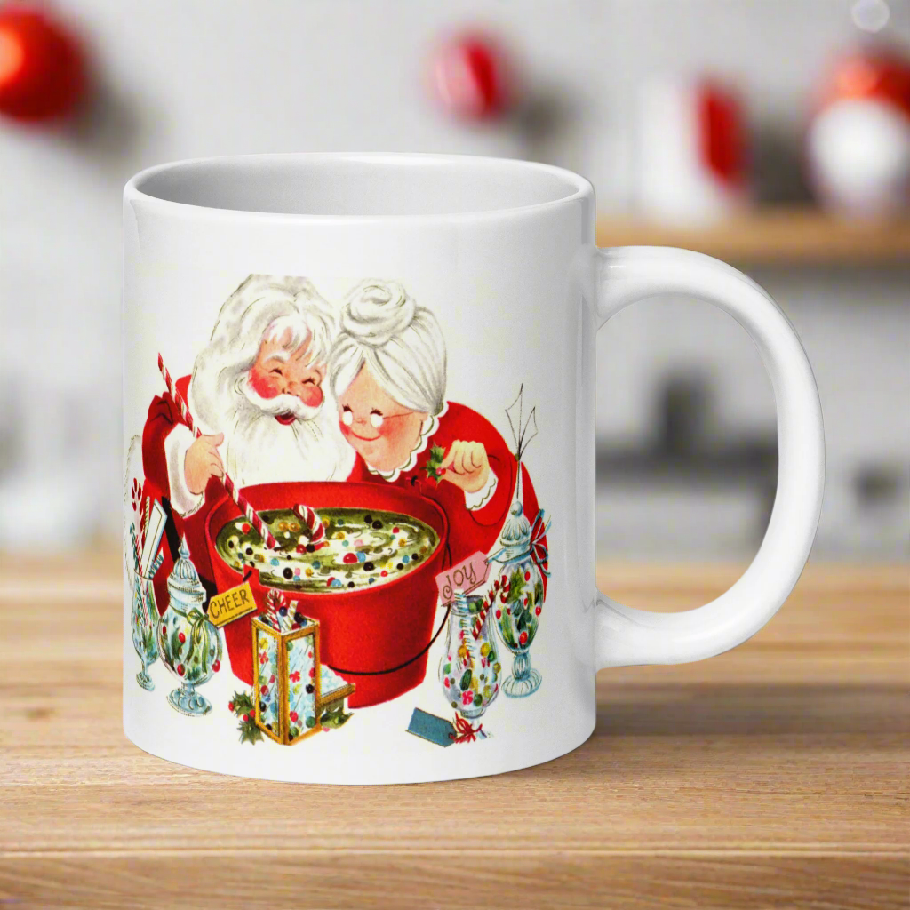 Santa And Mrs Claus Making Christmas Cheer Mid Century Retro Christmas Print Glossy Mug