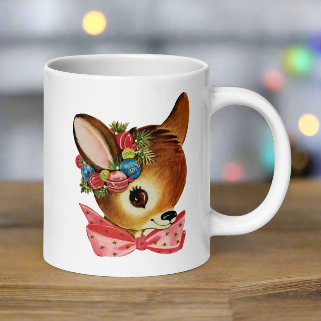 Reindeer Pink Bow Midcentury Retro Christmas Glossy Coffee Mug