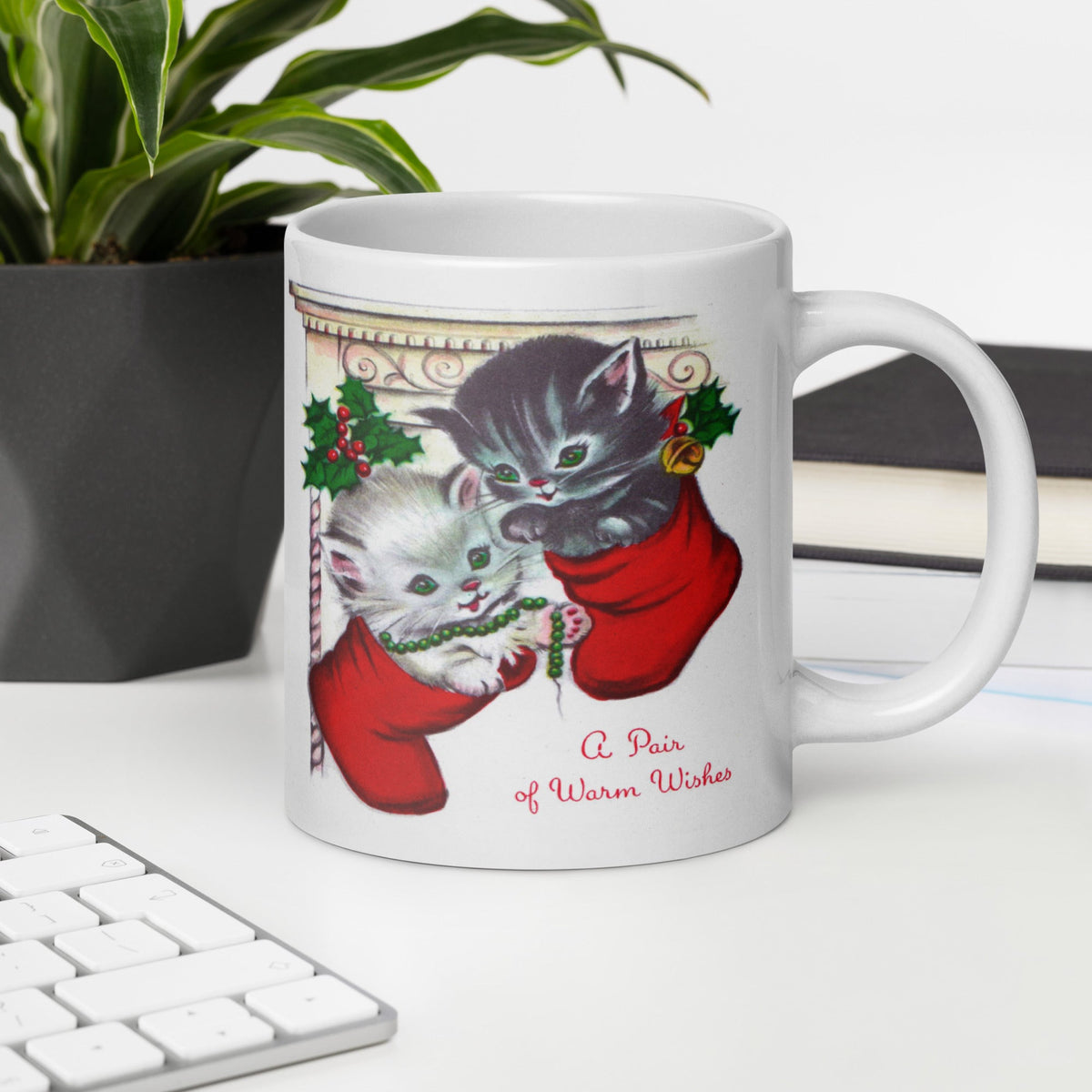 A Pair Of Warm Wishes Kittens In Stockings Retro Vintage Christmas Print Glossy Coffee Mug